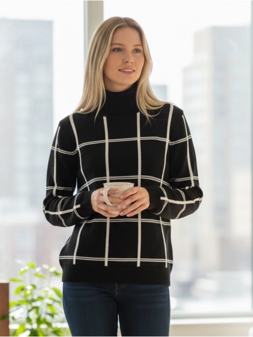 HUGO Hugo Boss black white grid turtleneck cotton sweater size L